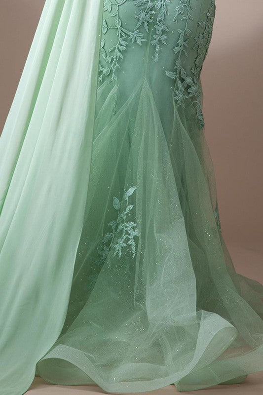 One Shoulder Bustier Corset Lace Top Prom Dress Sage