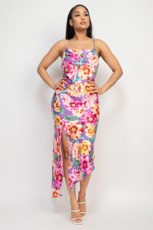 Floral Slit Asymmetric Midi Dress