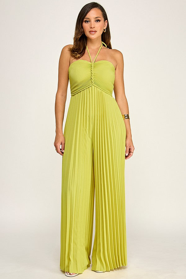 Pleated Braided Strap Halter Neck Jumpsuit
