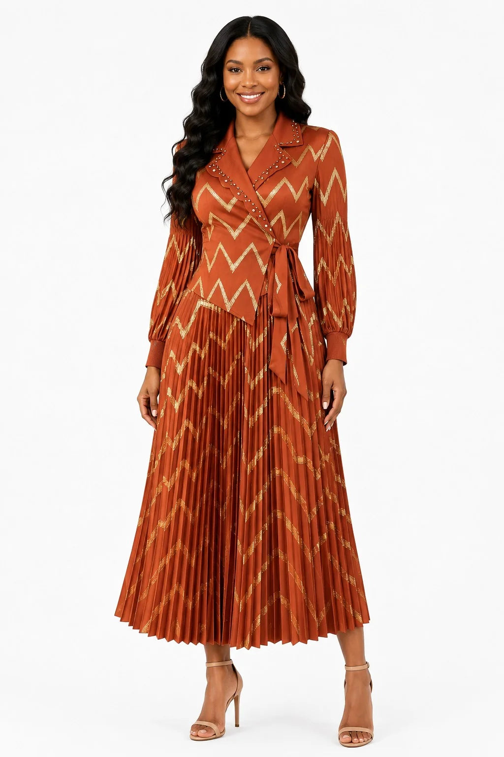 Metallic Chevron Pleated Dress