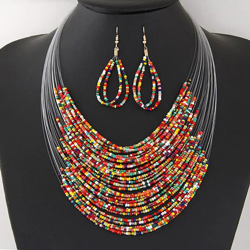 Bohemian Multicolor Water Droplets Seed Bead Earring and Necklace