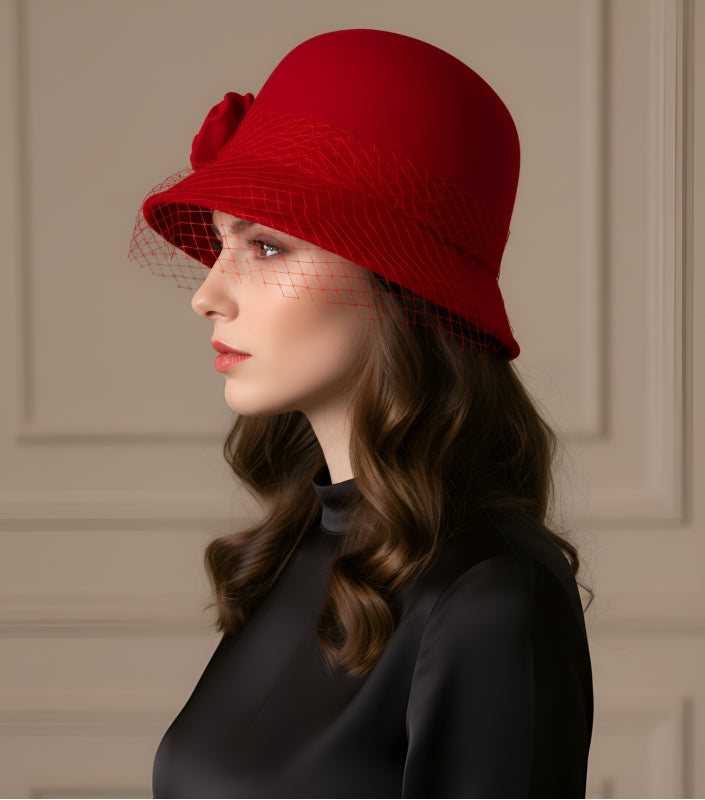 Wool felt netted rose flower hat Red