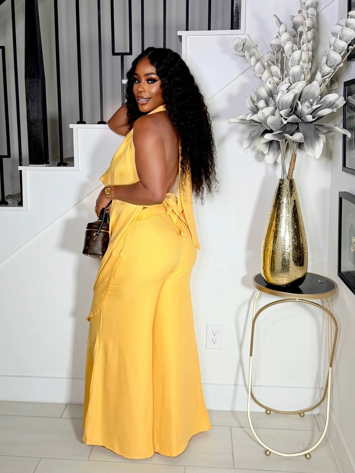 Plunge V Cowl Neck Halter Top And Wide Leg Pant 2pc Set