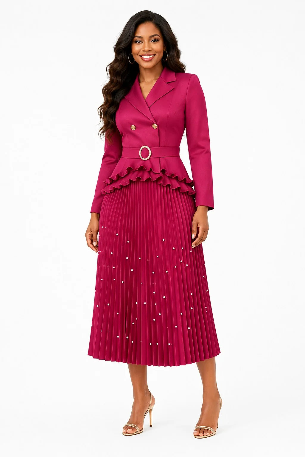 Pearl Trim Pleated Skirt Set