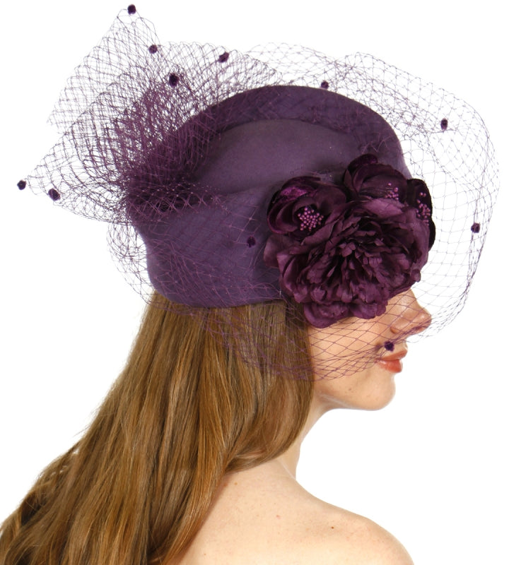 Wool felt veil cocktail hat Purple