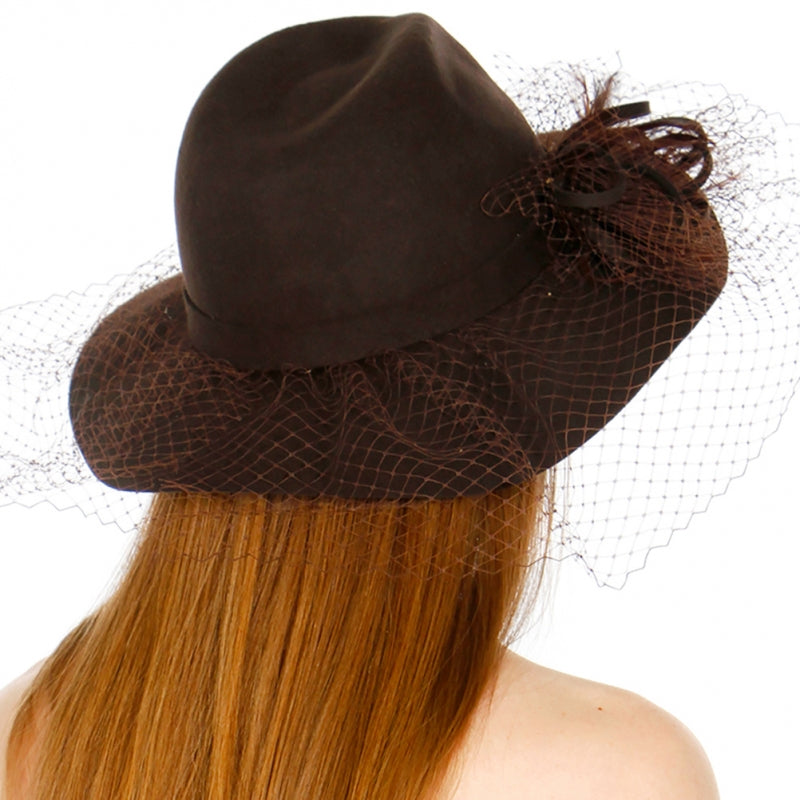 Veiled curly band wool panama hat Brown