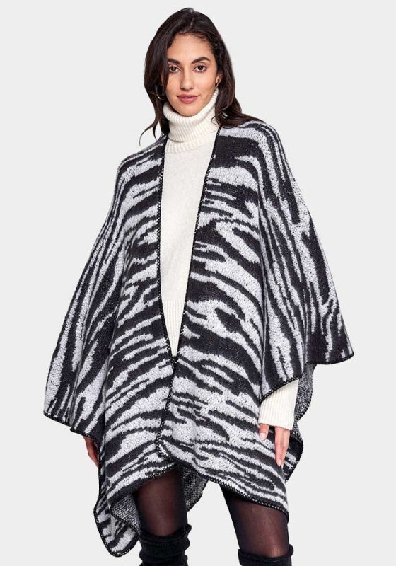 Zebra Open Front Knit Woven Kimono Poncho Wrap