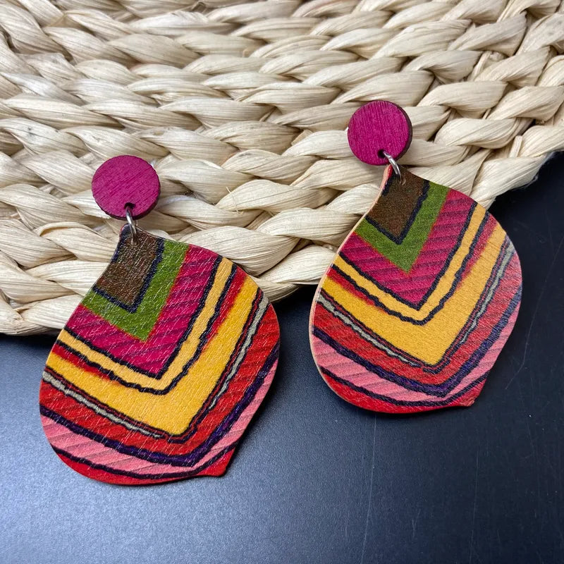 Casual Retro Vacation Geometric Waves Stoving Varnish Wood Earrings