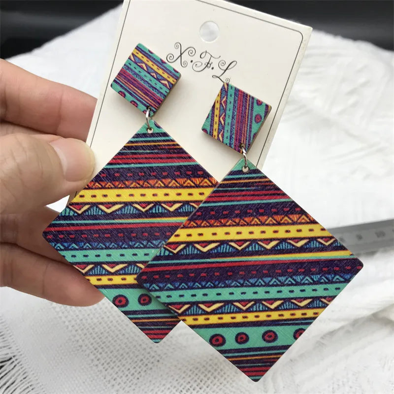 Vintage Style Bohemian Pastoral Polka Dots Rhombus Wood Drop Earrings