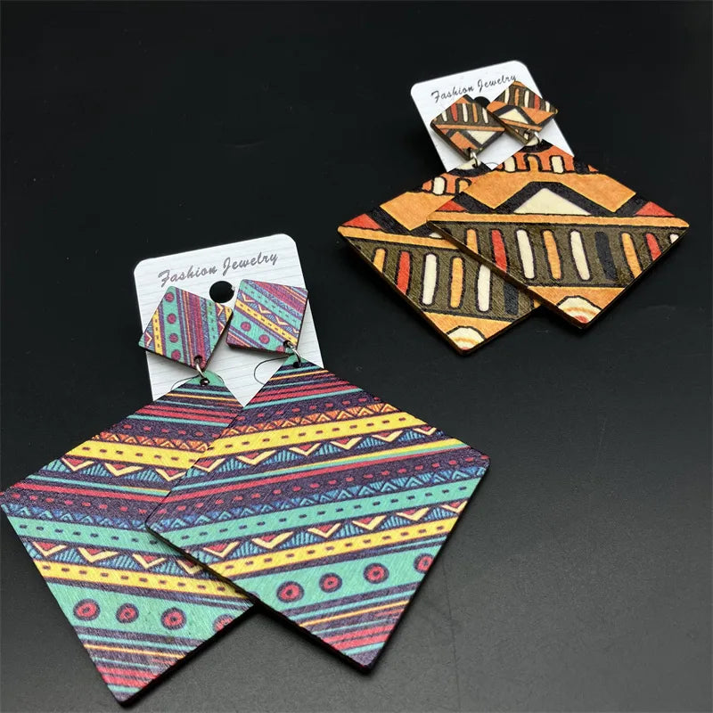 Vintage Style Bohemian Pastoral Polka Dots Rhombus Wood Drop Earrings