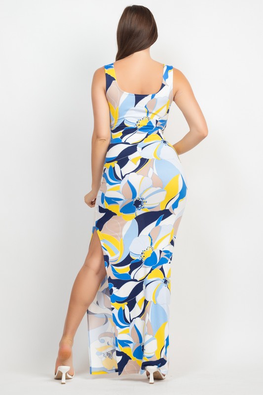 Square Neck Sleeveless Printed Slit Dress