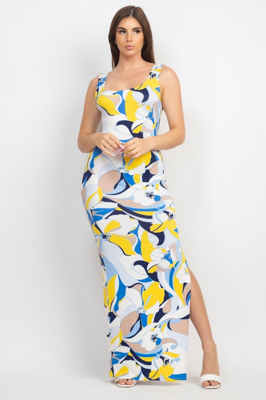 Square Neck Sleeveless Printed Slit Dress