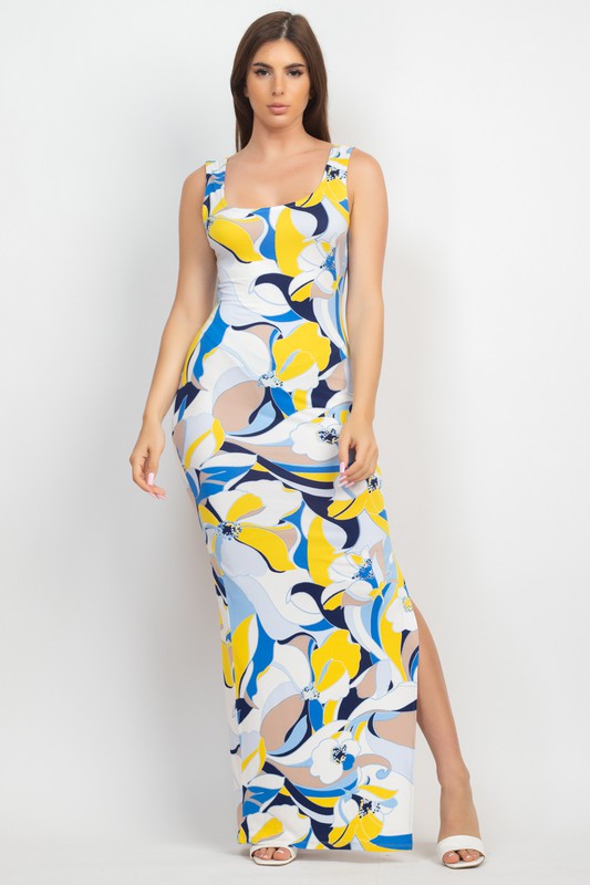 Square Neck Sleeveless Printed Slit Dress
