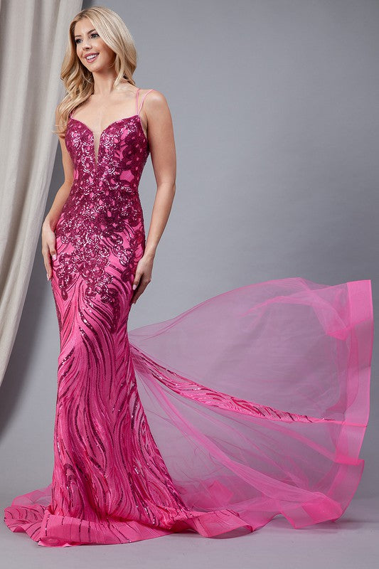 Sequin Embellished Mermaid Trumpet Prom Gown Hot Pink