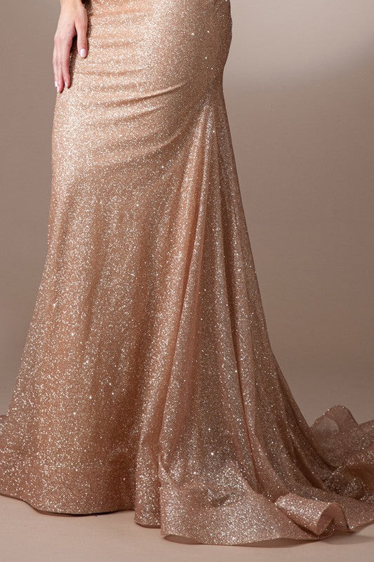 Metallic Glitter Ruched Back prom Dress Rose Gold