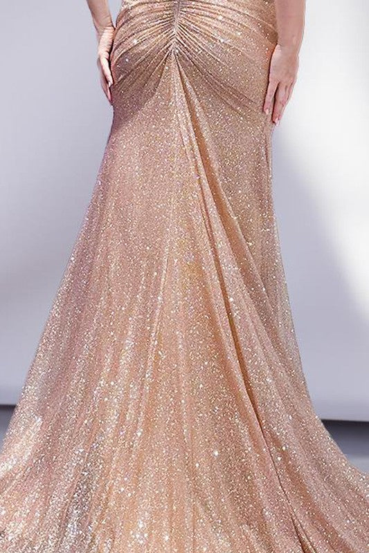 Metallic Glitter Ruched Back prom Dress Rose Gold