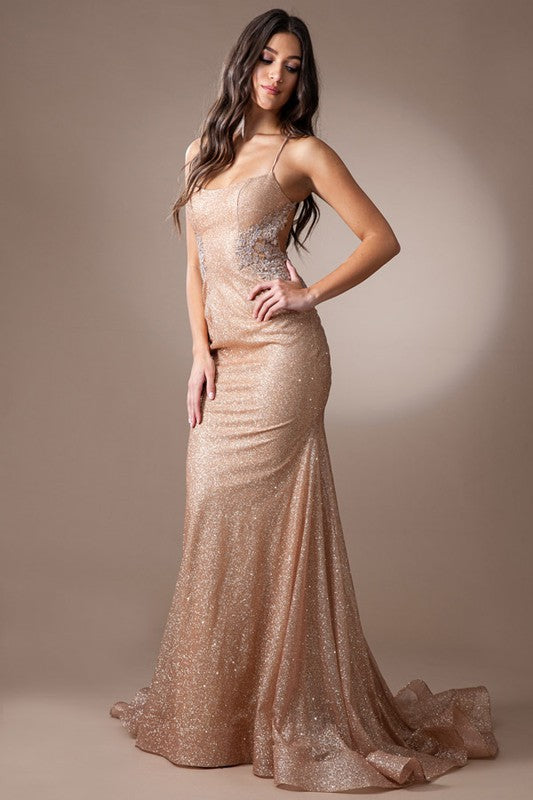 Metallic Glitter Ruched Back prom Dress Rose Gold