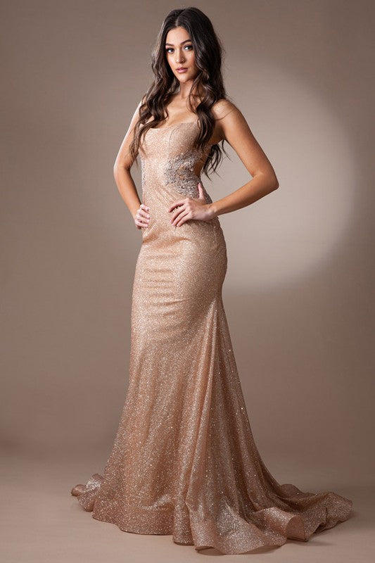 Metallic Glitter Ruched Back prom Dress Rose Gold