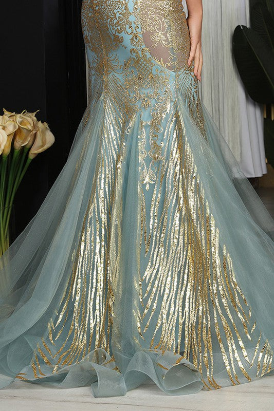 Golden Glitter Print Deep V Neck Prom Dress