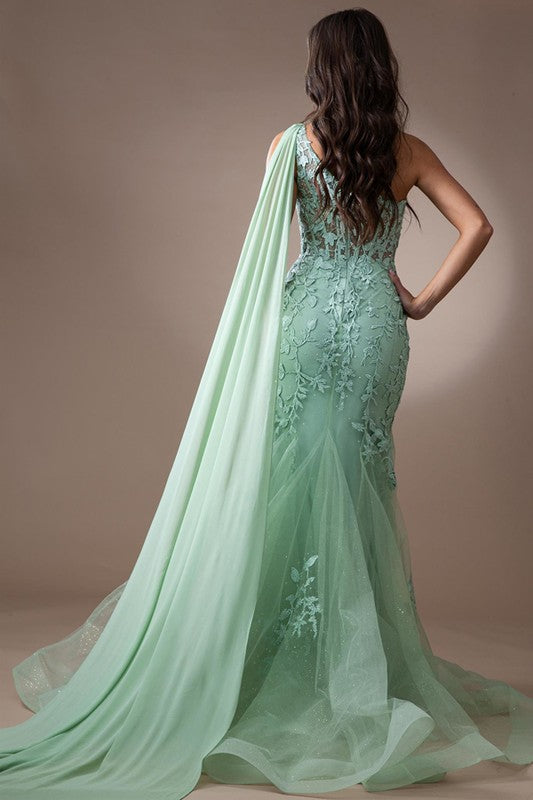 One Shoulder Bustier Corset Lace Top Prom Dress Sage