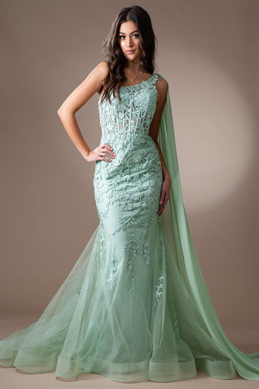 One Shoulder Bustier Corset Lace Top Prom Dress Sage