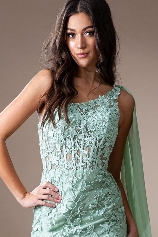 One Shoulder Bustier Corset Lace Top Prom Dress Sage