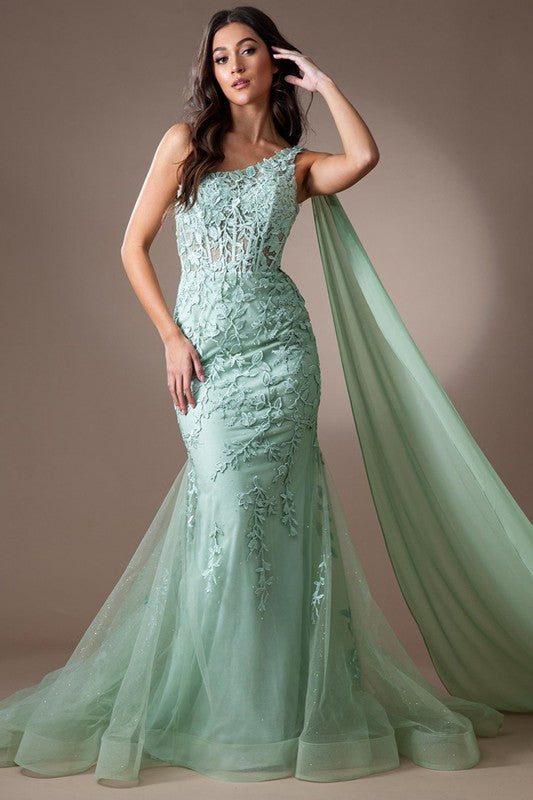 One Shoulder Bustier Corset Lace Top Prom Dress Sage