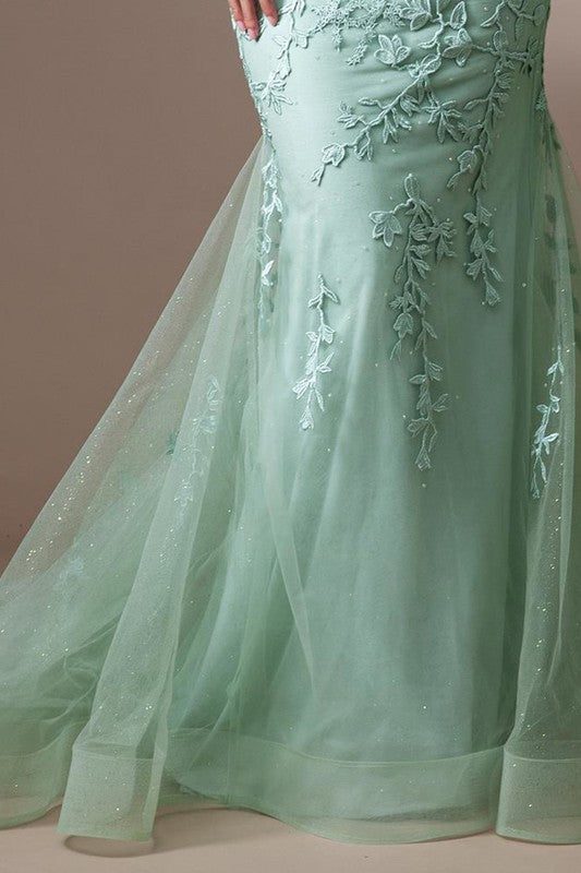 One Shoulder Bustier Corset Lace Top Prom Dress Sage