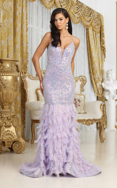Bustier Corset Iridescent Sequins Feathered bottom Prom Dress in Lilac and Gold