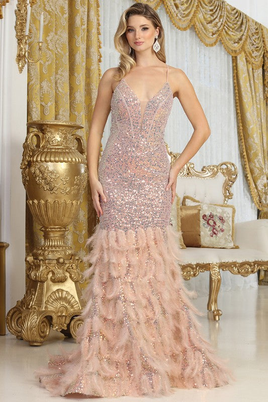 Bustier Corset Iridescent Sequins Feathered bottom Prom Dress in Lilac and Gold