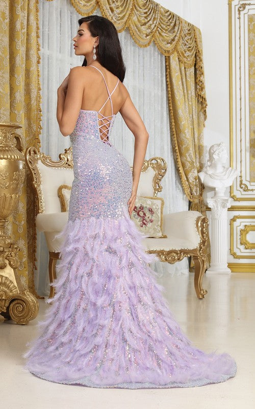 Bustier Corset Iridescent Sequins Feathered bottom Prom Dress in Lilac and Gold