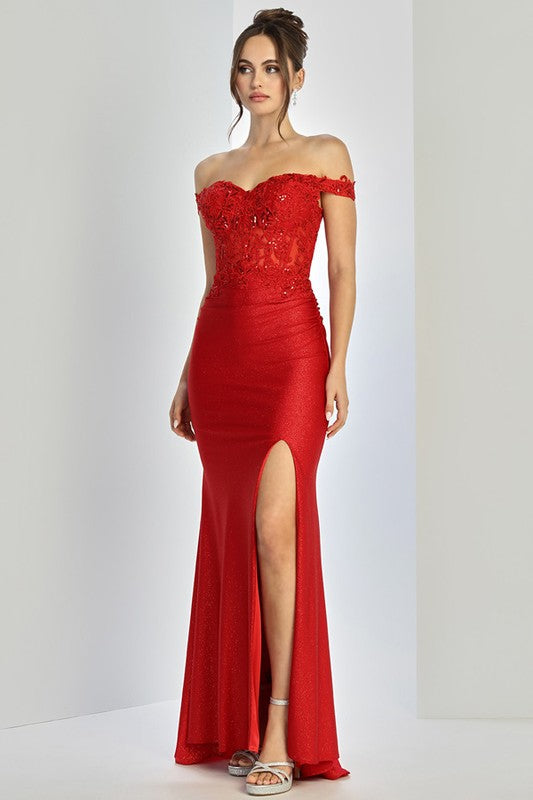 Red Off Shoulder Embroidered Bustier Metallic Prom Gown