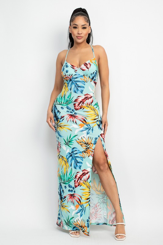 Crossed Back Hawaiian Maxi Dress