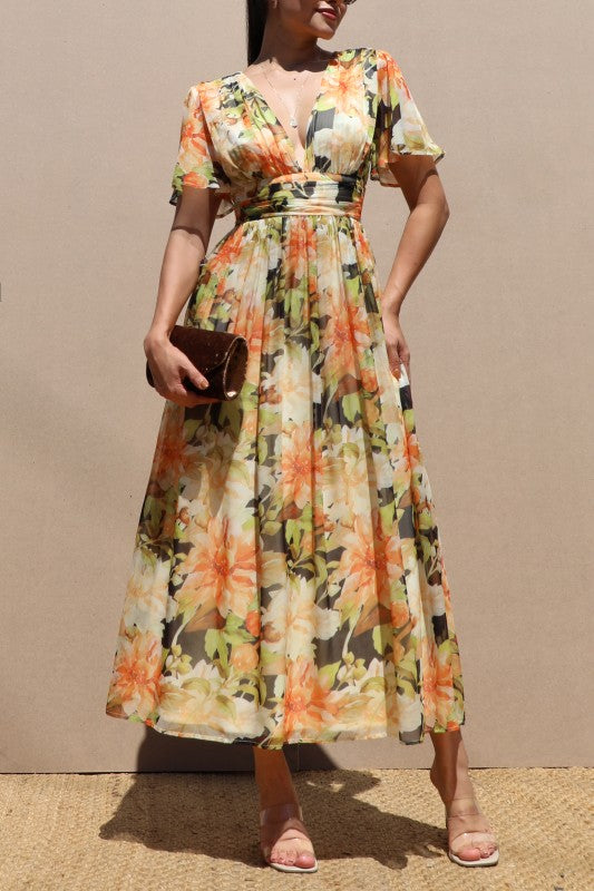 Printed V Neck Woven Midi Dress