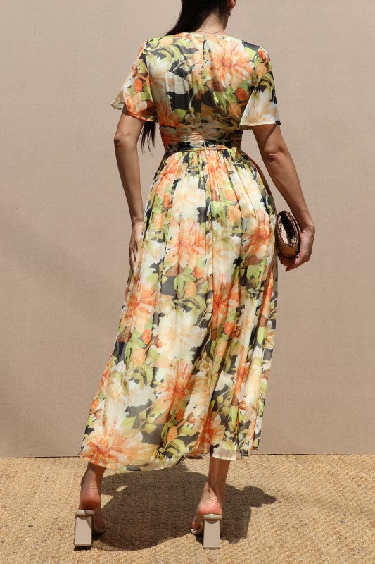 Printed V Neck Woven Midi Dress