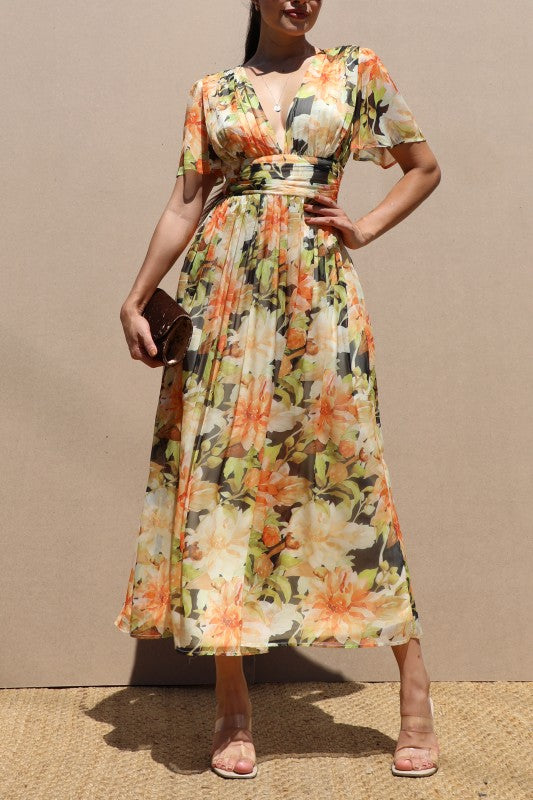 Printed V Neck Woven Midi Dress
