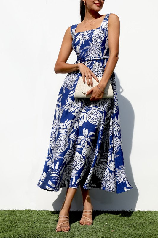 Printed Square Neck Midi Dress
