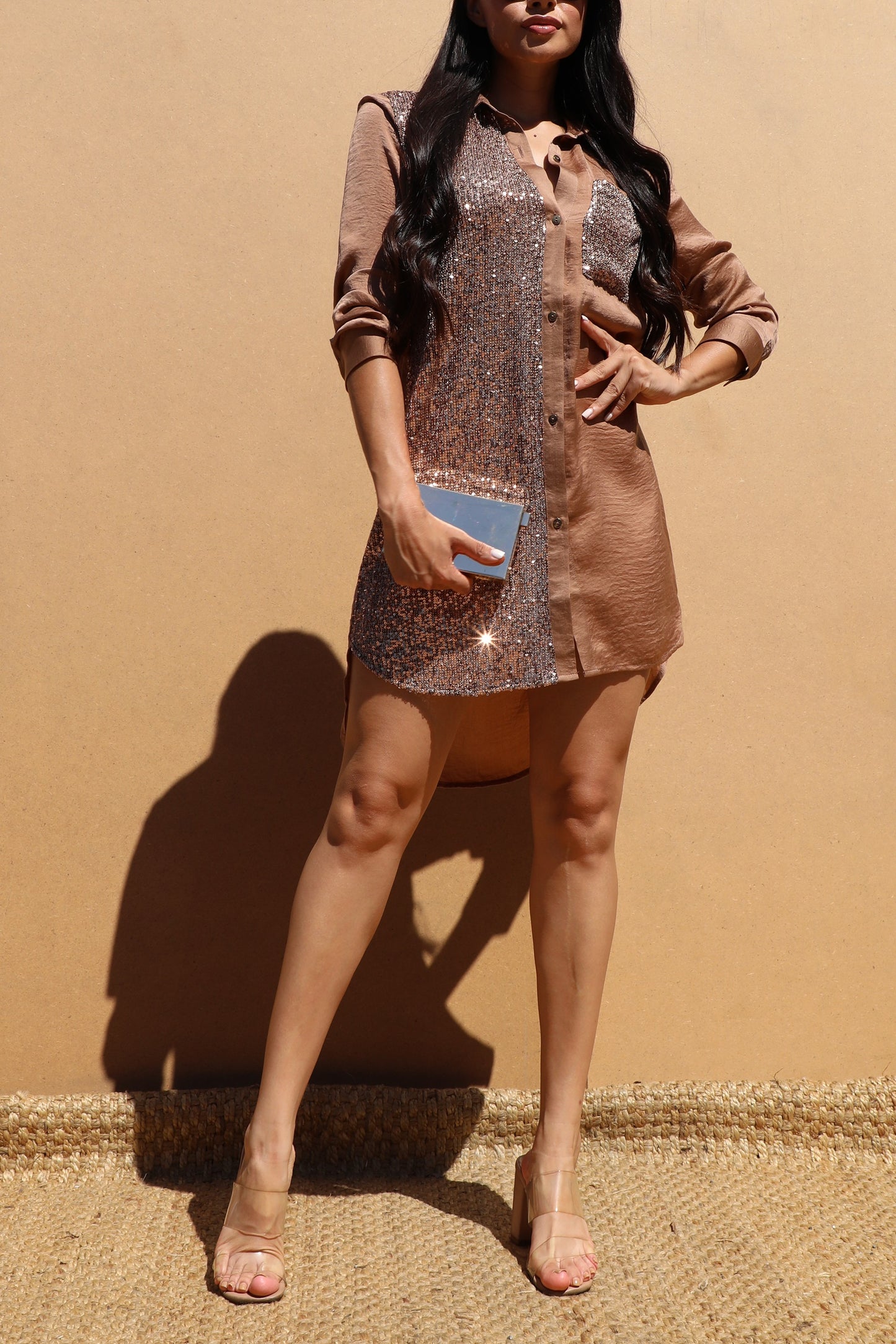 Button Down Sequin Shirt Dress