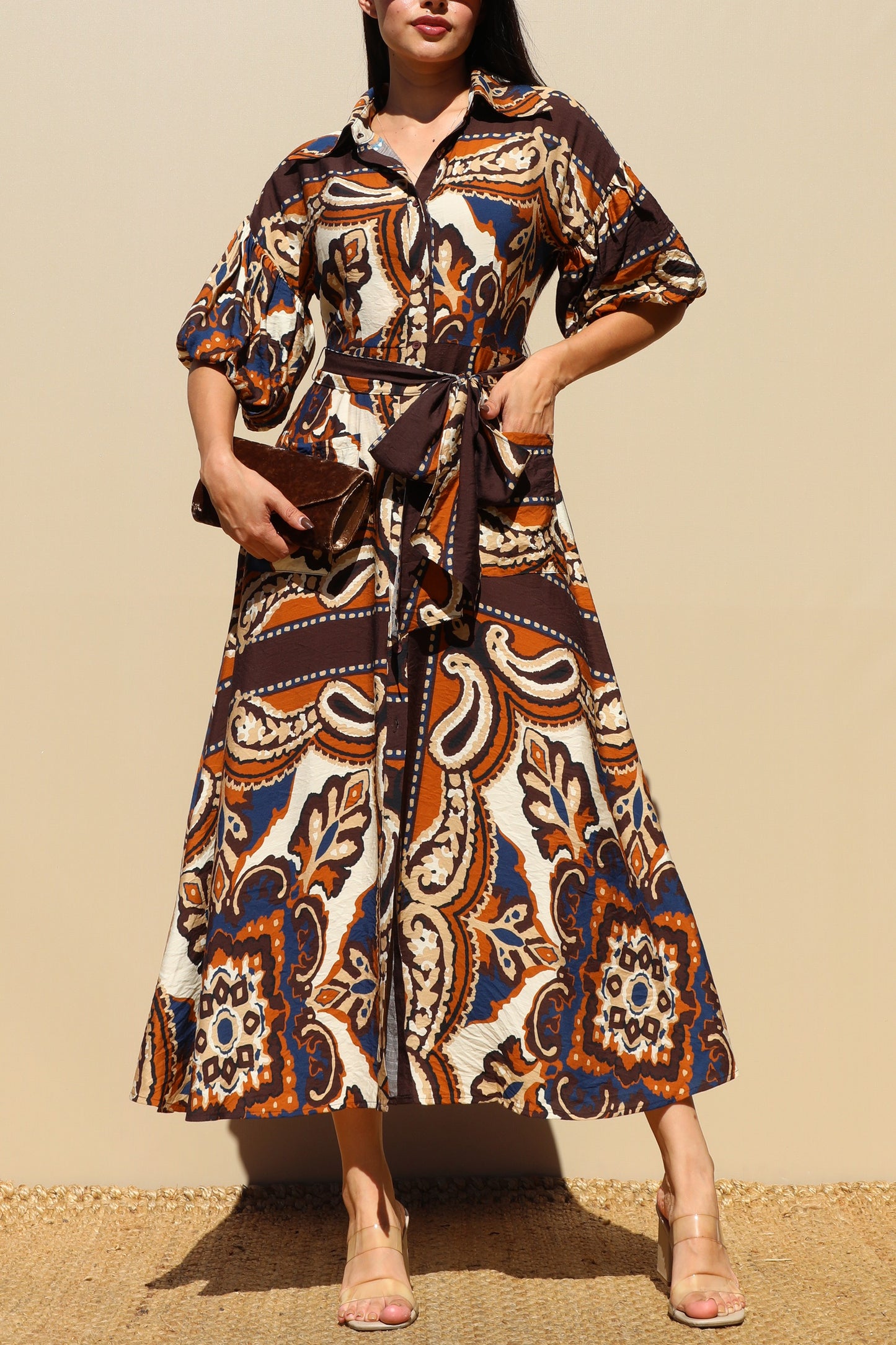 Bubble Sleeves Woven Shirt Dress