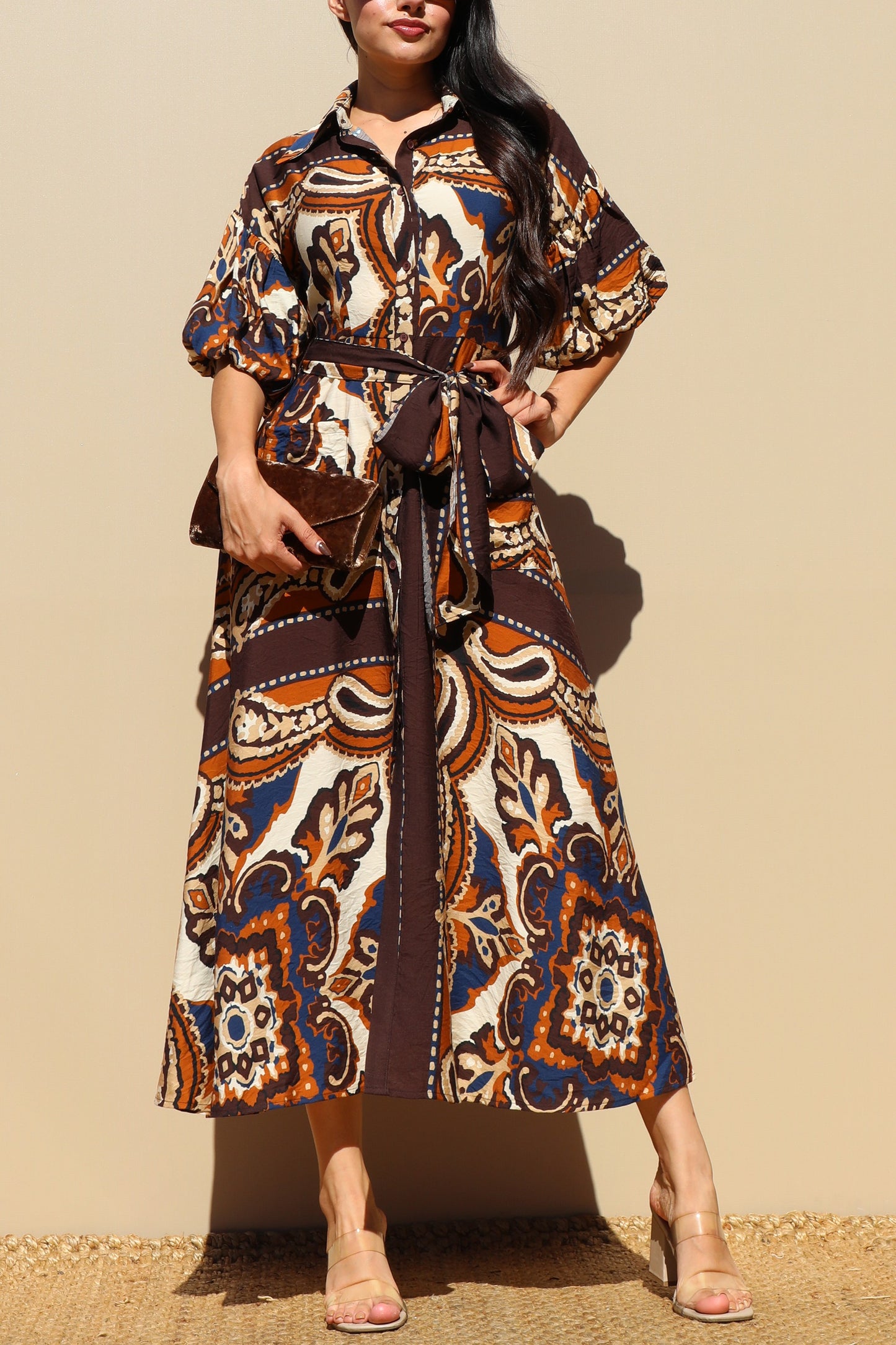 Bubble Sleeves Woven Shirt Dress