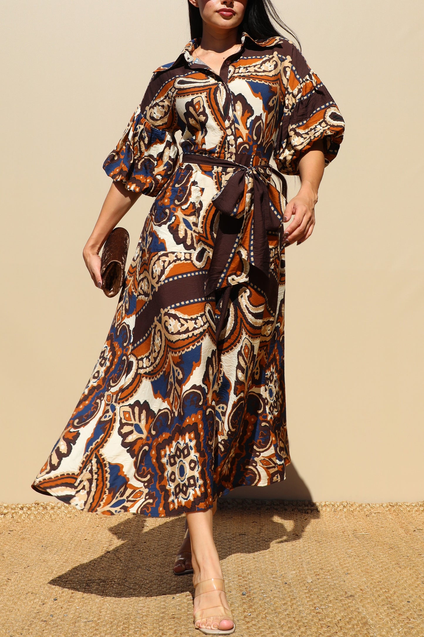 Bubble Sleeves Woven Shirt Dress