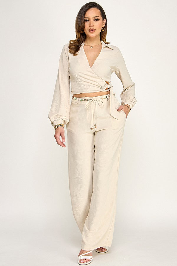 Longsleeve Collar Wrap Beaded Pantset