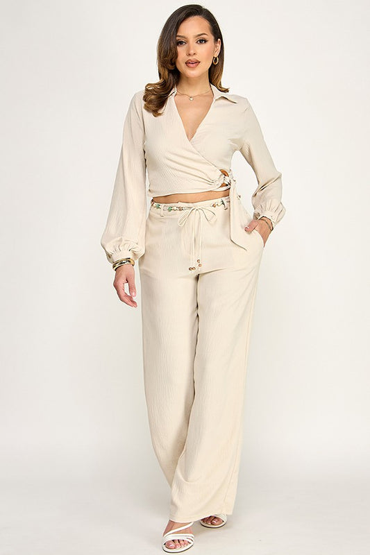 Longsleeve Collar Wrap Beaded Pantset