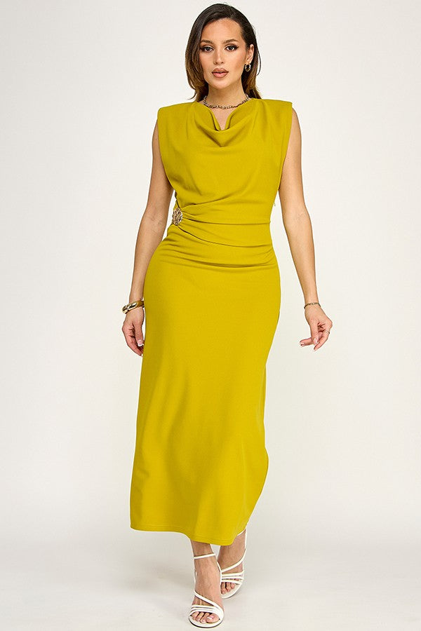 Sleeveless Cowl neck Draped Waist Dress