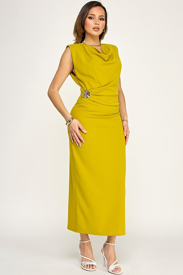 Sleeveless Cowl neck Draped Waist Dress