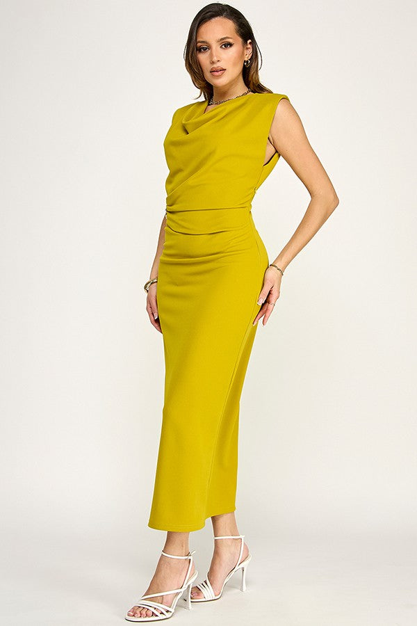 Sleeveless Cowl neck Draped Waist Dress