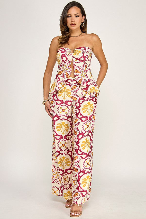 Printed Bust Cut Bandeau Top and Pants Set