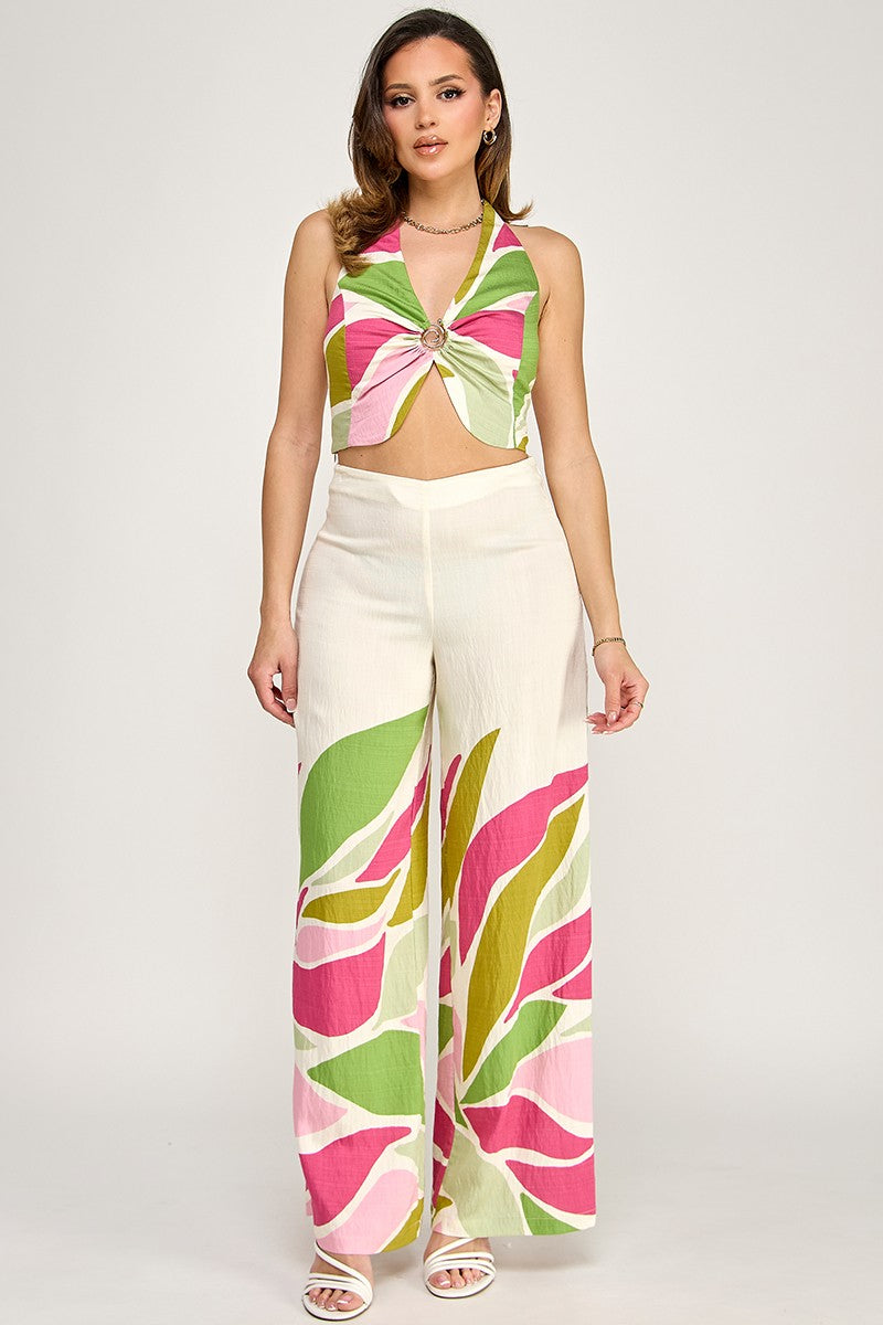 Border Printed Sleeveless Halter Pant Set