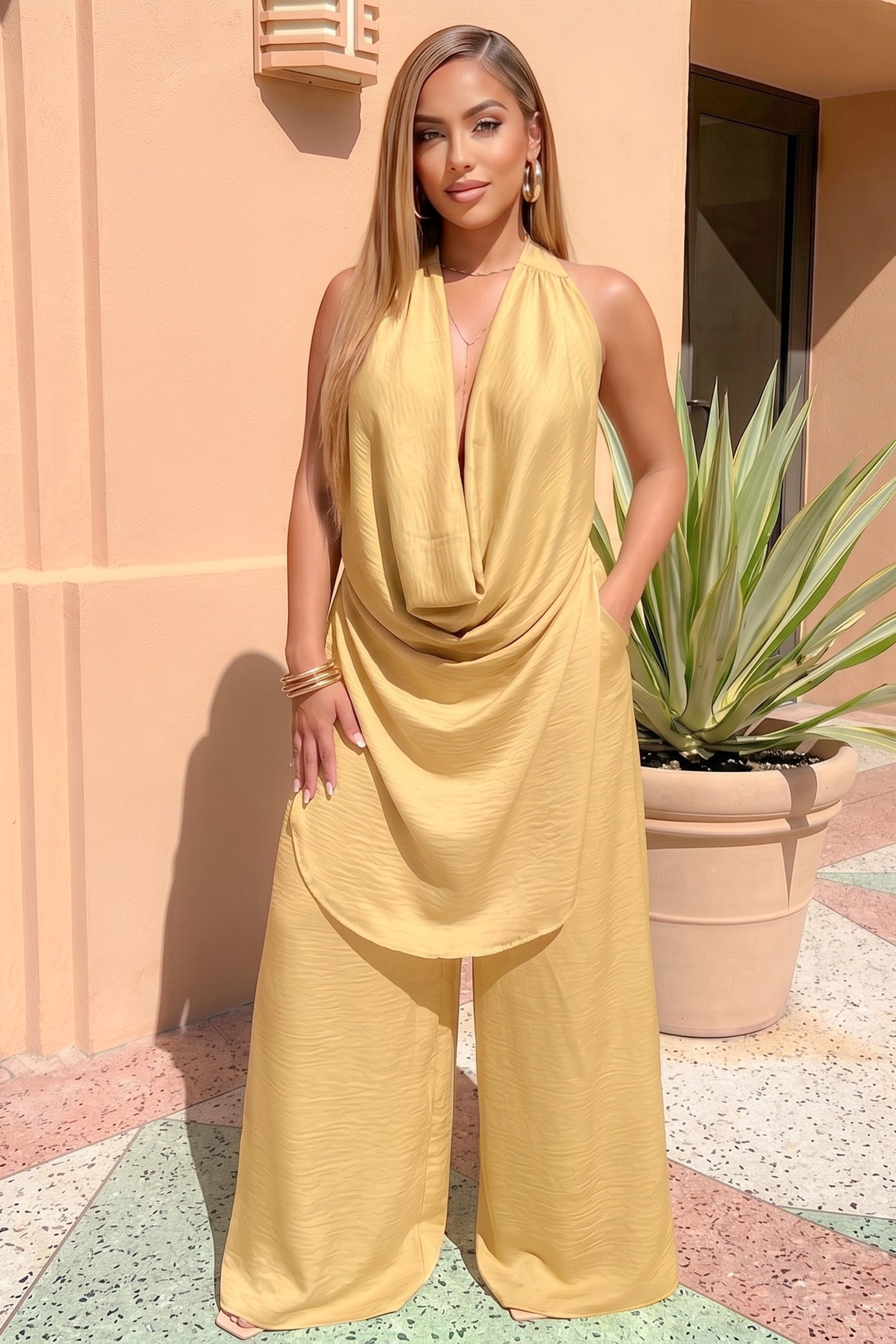 Plunge V Cowl Neck Halter Top And Wide Leg Pant 2pc Set