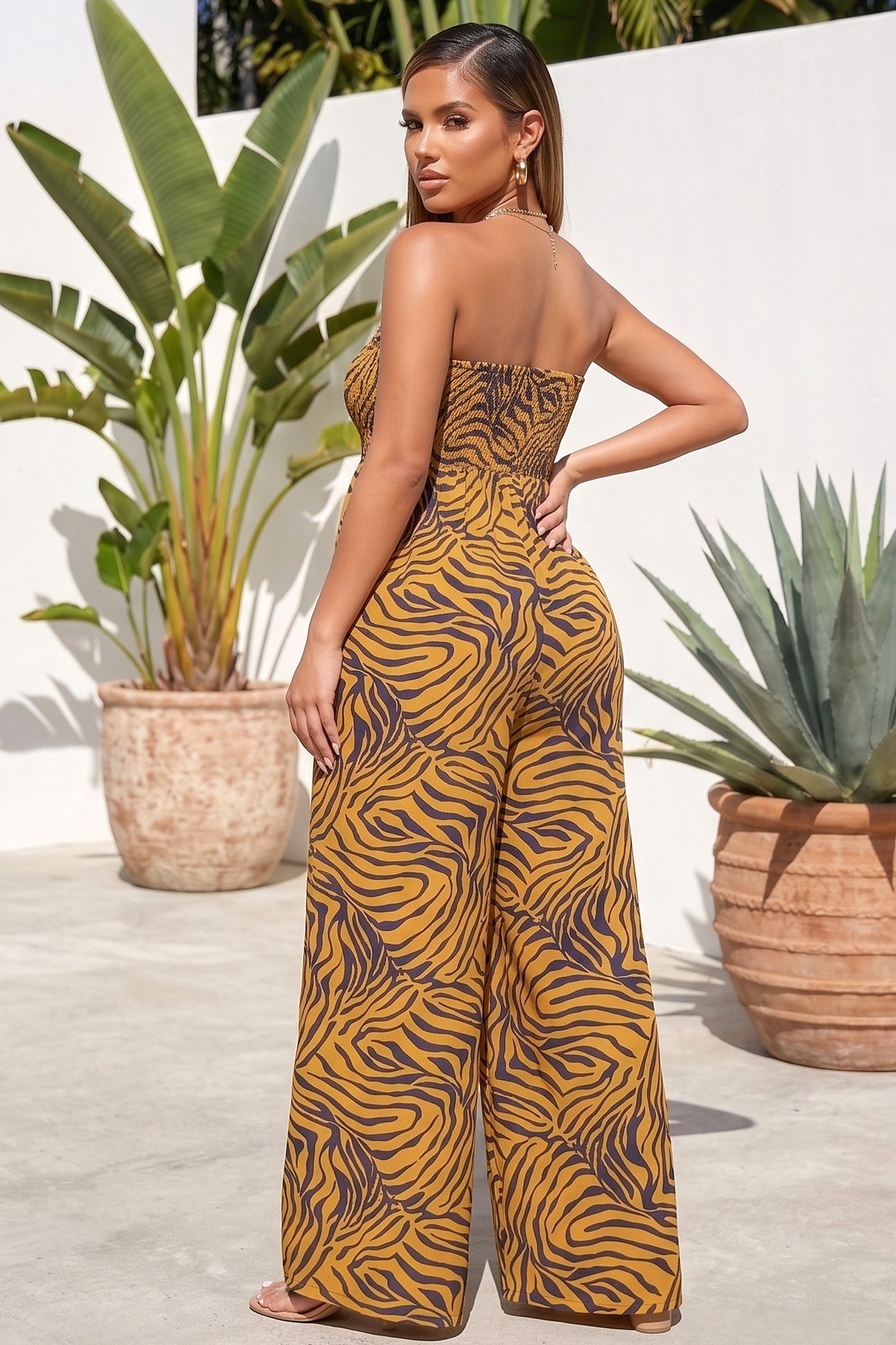 Floral Printed Smocked Top Wide Leg Strapless Jumpsuit